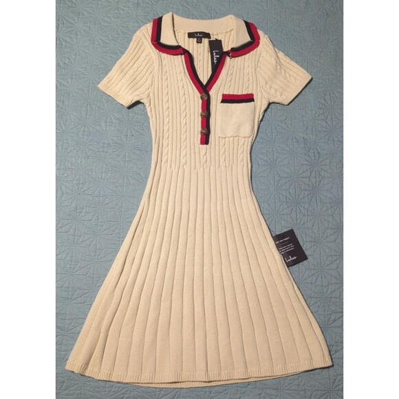 Lulu's Dresses & Skirts - Lulu's Upscale Ideal Beige Cable Knit Short Sleeve Sweater Mini Dress NWT Sz XS